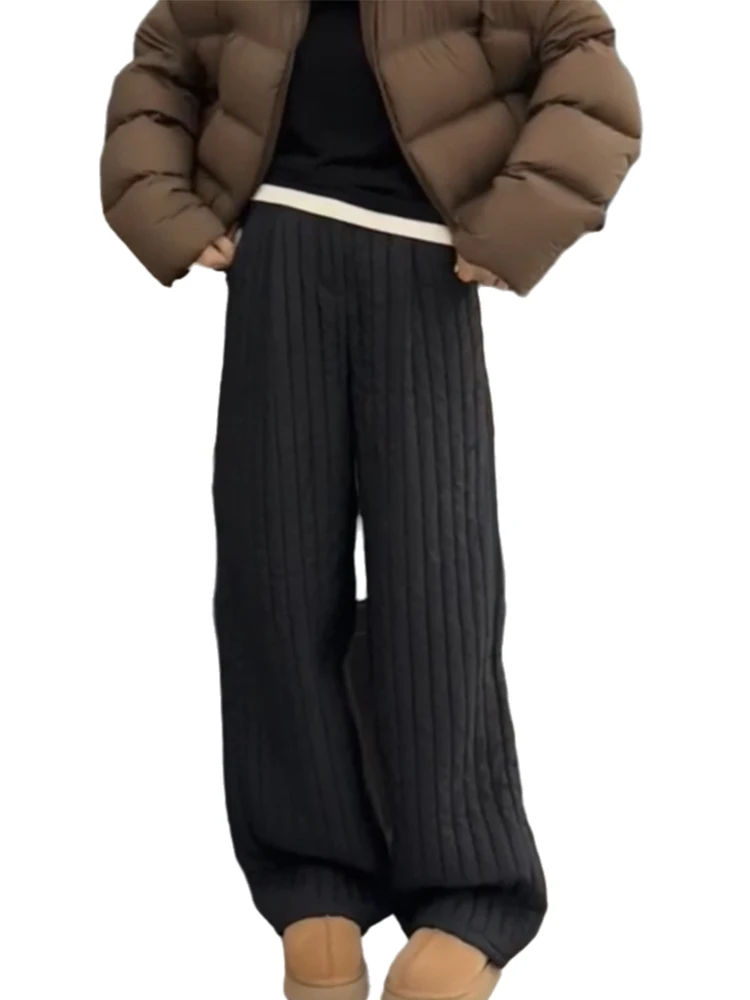 سراويل نسائية كاجوال من القطن ثينيد عالية الخصر فضفاضة مستقيمة الساق ملابس خارجية دافئة شتوية عصرية مقاس كبير