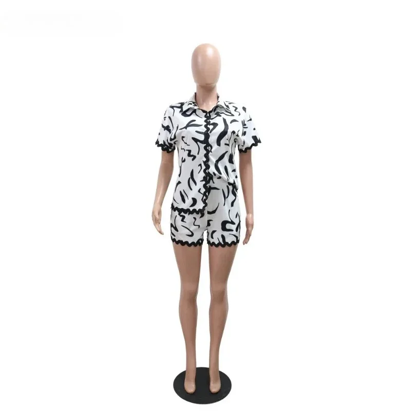 

2025 Fashion Printed Women's Set Short Sleeve Blouse Shirt and Shorts Suits Summer Two 2 Piece Set Outfit Tracksuit