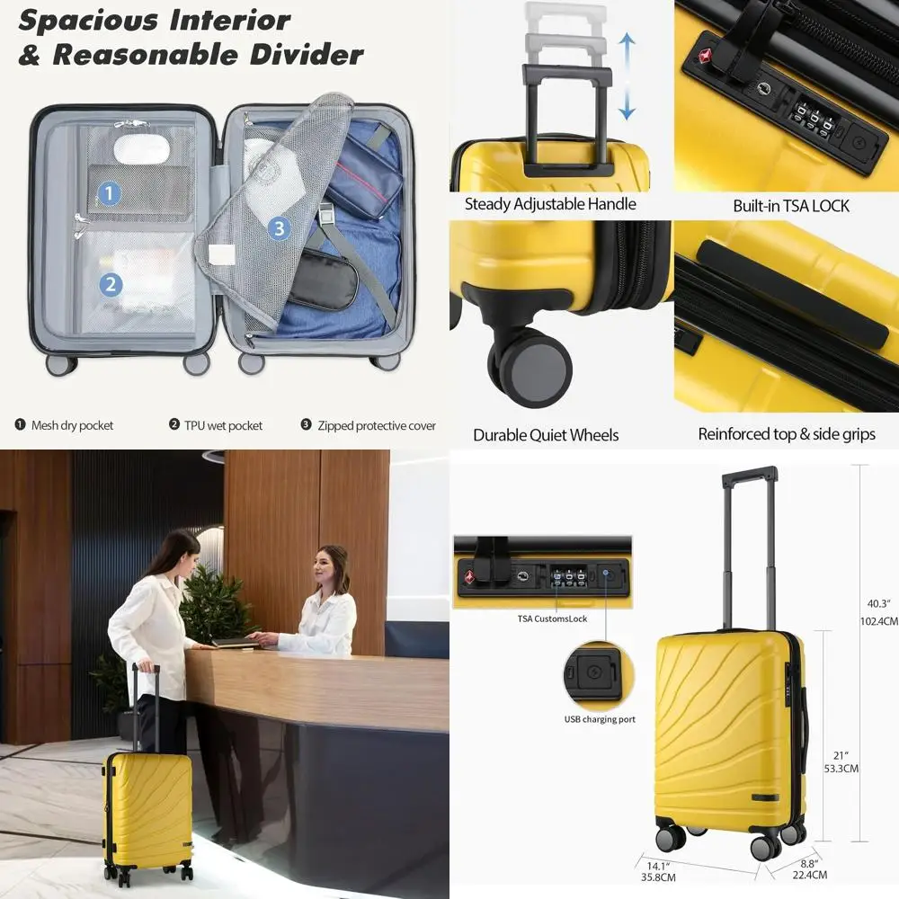 

Желтый 20-дюймовый расширяемый чемодан с твердым корпусом и замком TSA, ручная кладь, одобренный авиакомпанией