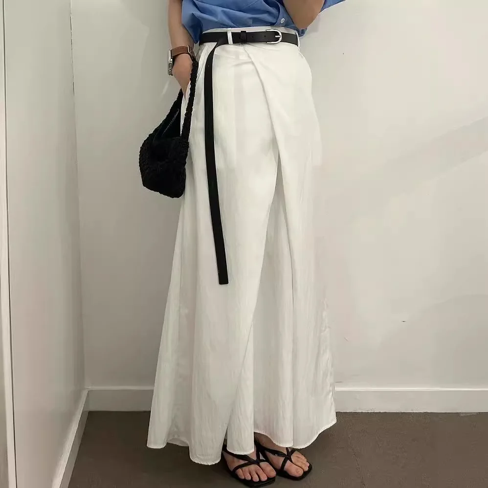 South korea Chic Summer Versatile High Waist Cross-Body Slimming Pleat Design Sense A- line Skirt Skirt Long dress Women