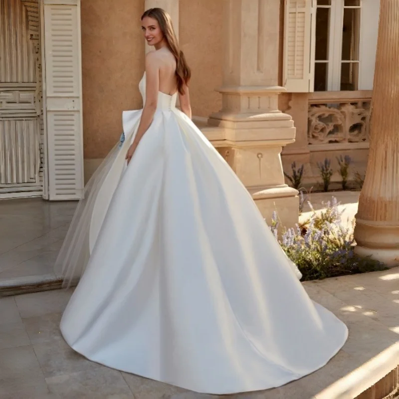 Handmade 3D Blue Rose Floral Satin Ball Gown Wedding Dress Asymmetric Split Skirt Cathedral Train Manor Wedding Customizable