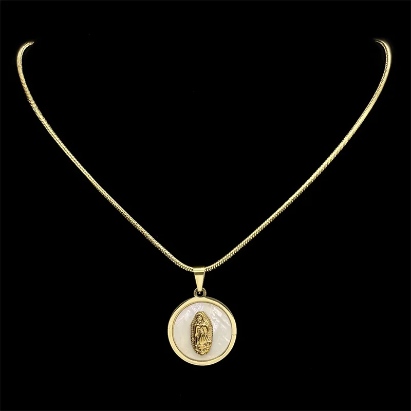الكاثوليكية مريم العذراء المقدسة البحر شل قلادة قلادة للنساء الرجال الفولاذ المقاوم للصدأ الذهب اللون سيدة سلسلة مجوهرات هدية #4
