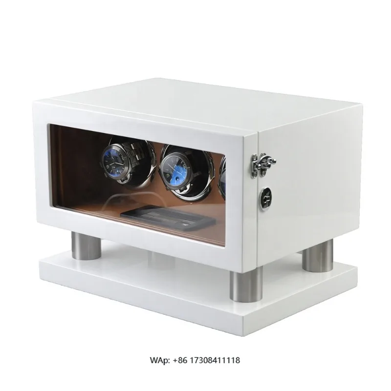 Caixa de Luxo para Relógios com Controle Automático, Giratória, com 2 Slots, em Couro Branco e Marrom, com LED