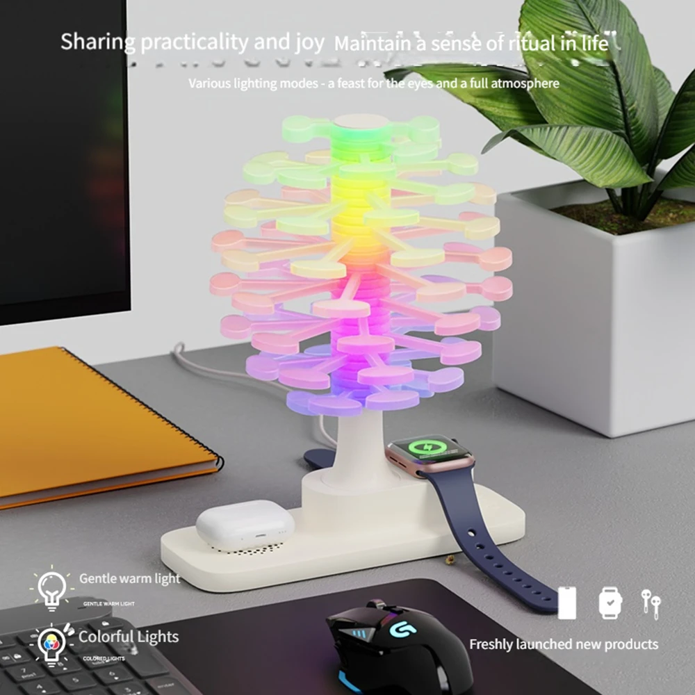 Innovative Lamp Spiral Tree Shape Table Lamp with Colorful Lights And Wireless Phone Watch Charging Pad Bedside Lamp Home Decor