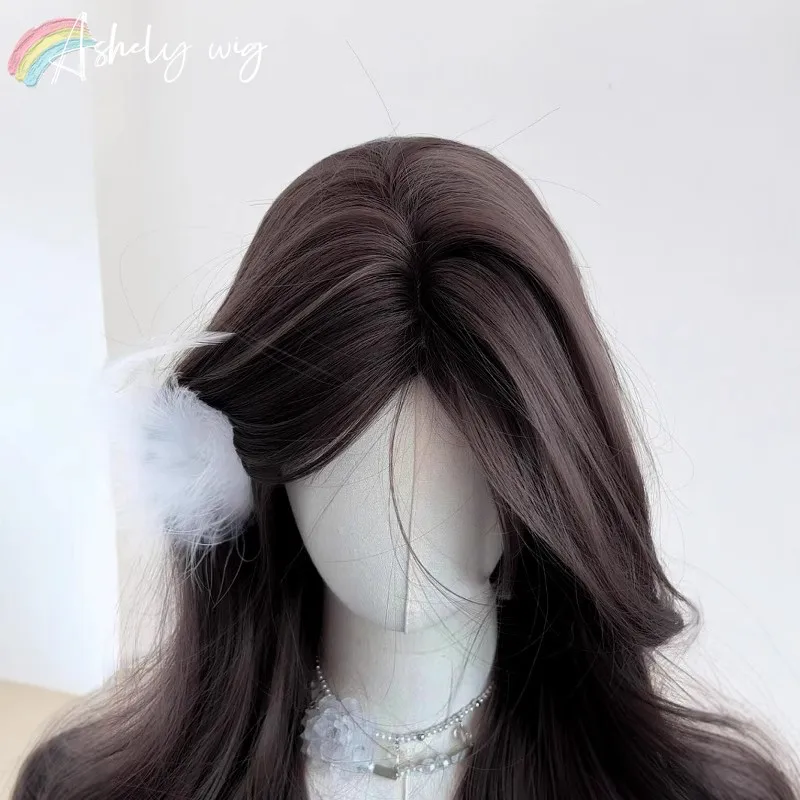 شعر مستعار بني أسود للنساء 24 بوصة شعر مستعار طويل مموج طبيعة المظهر لوليتا لطيف بيروكات صناعية ارتفاع درجة الحرارة الألياف شعر مستعار #5