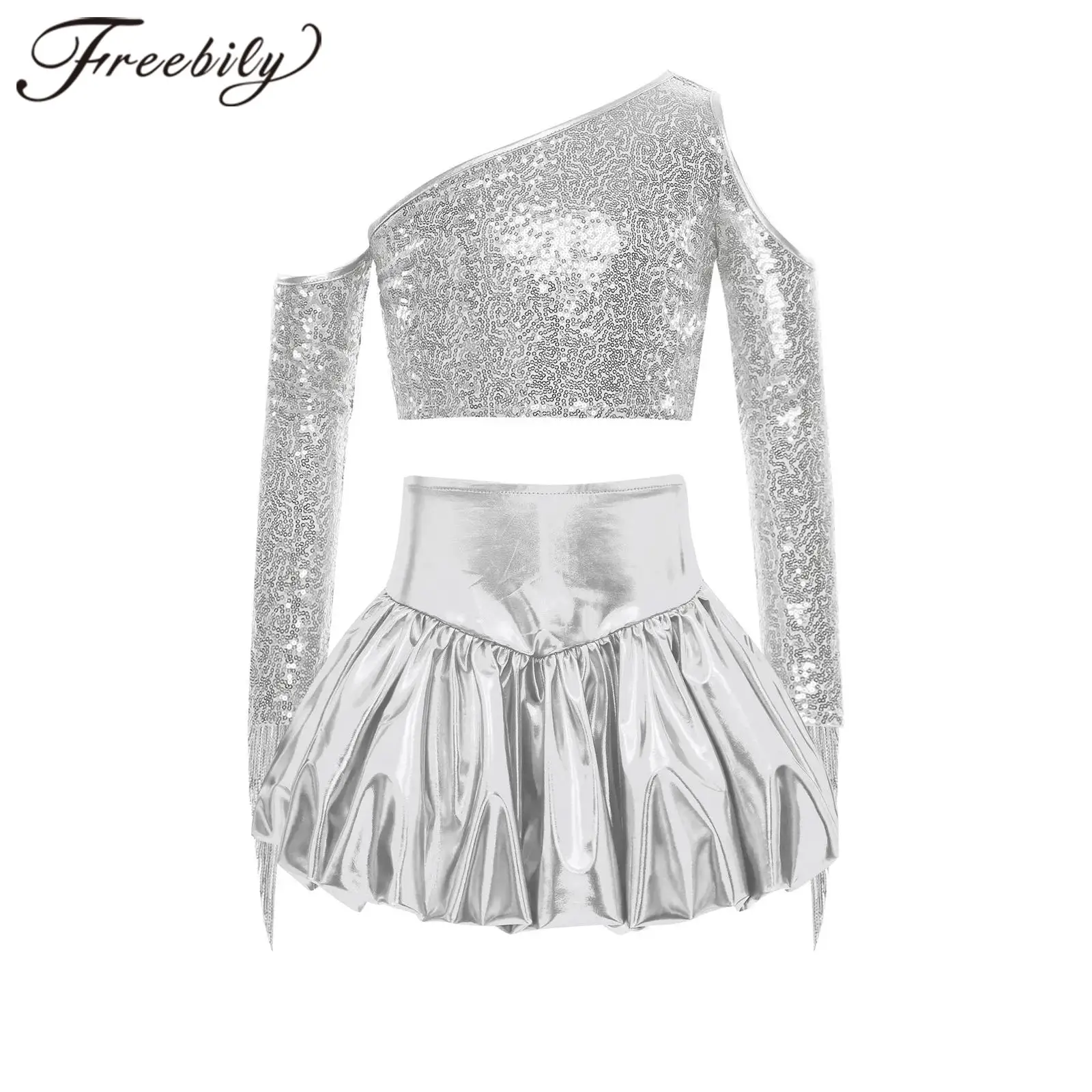 

Childs Metallic Music Festival Prom Party Performance Costume Girls 70s Disco Outfit Kids Stage Tassel Street Jazz Dance Clothes