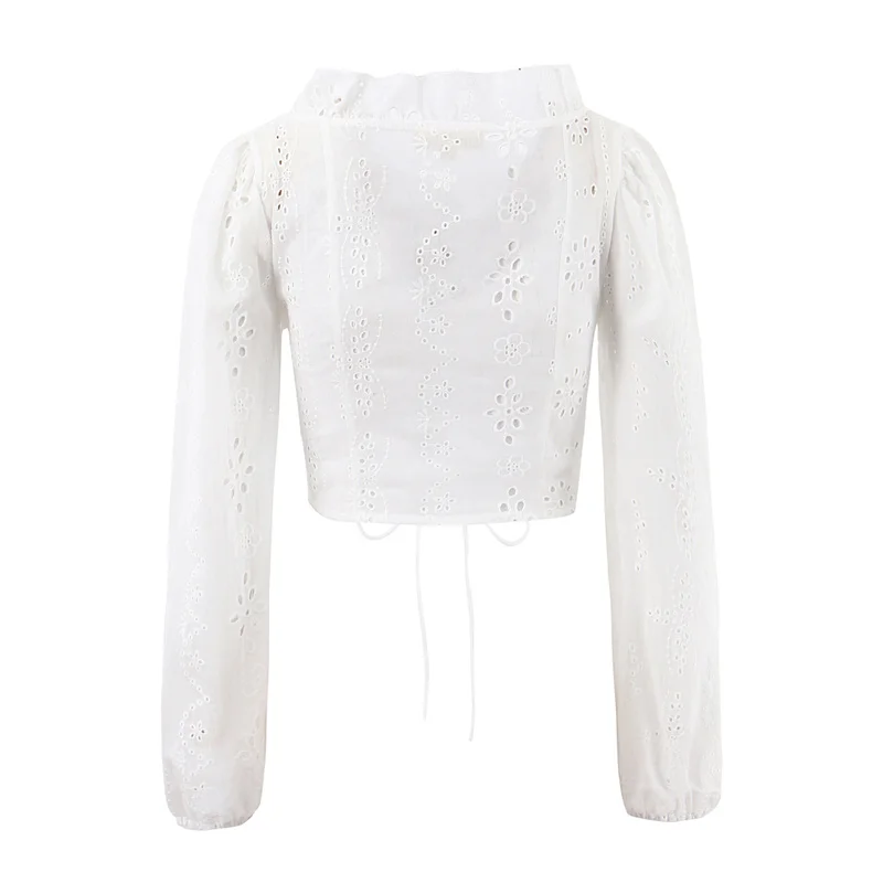Damen-Hemd, 2025, Winter, neu, weiß, langärmelig, französische Hohldekoration, zum Binden, kurzes Hemd, sexy und modisch, einzigartiger Stil