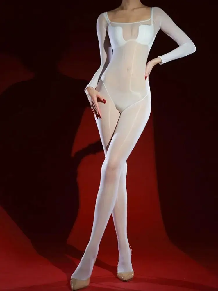 Unisex-Catsuit aus glänzendem, glänzendem Nylon mit U-Boot-Ausschnitt, Bodystocking mit offenem Schritt, Strumpfhose, sexy Trikot, verbundener Jumpsuit-Body