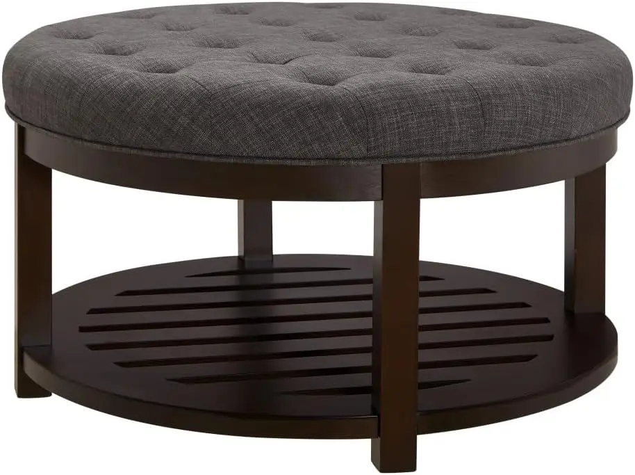 Large Round Upholstered Tufted Linen Ottoman Coffee Table, Large Footrest Ottoman with Wood Shelf Storage,Dark Gray