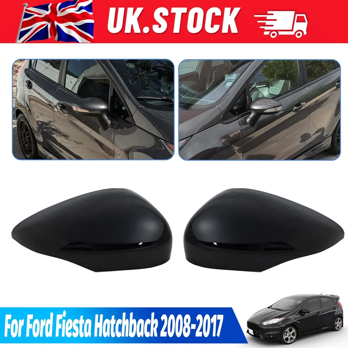 

1Pair Car Rearview Rear View Mirror Cover Door Wing Mirror Cap Glossy Black For Ford Fiesta MK7 Hatchback 2008-2017