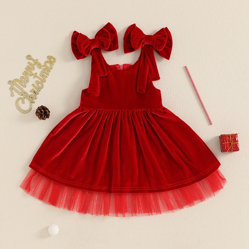 Kids Girls Christmas Dress Solid Color Sleeveless Tie-up Solid Slip Dress Princess Velvet Dress for Casual Daily