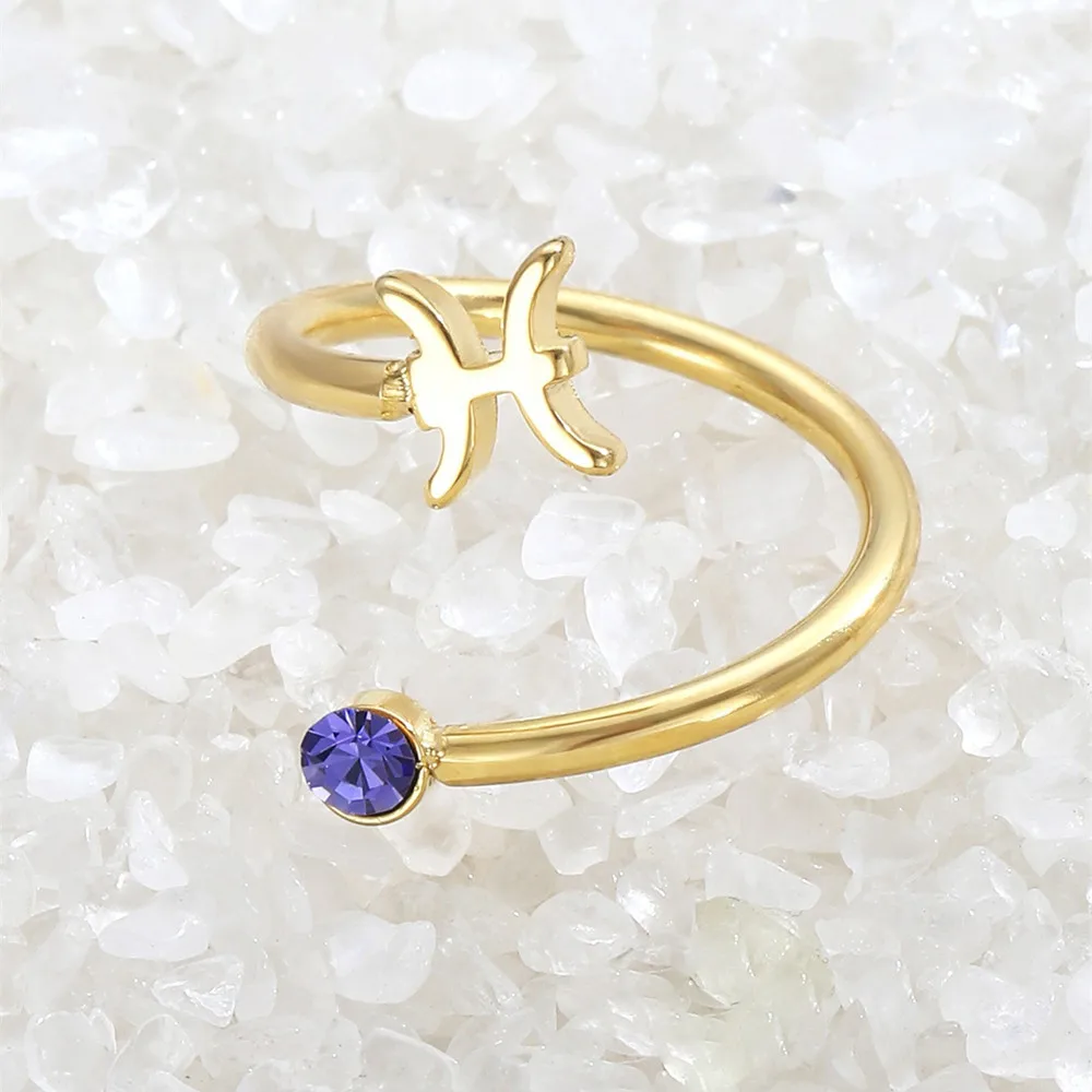 Custom Crystal Zodiac Birthstone Ring For Women Gold Plated Stainless Steel Adjustable Stackable Rings Personalized Birthday Gif