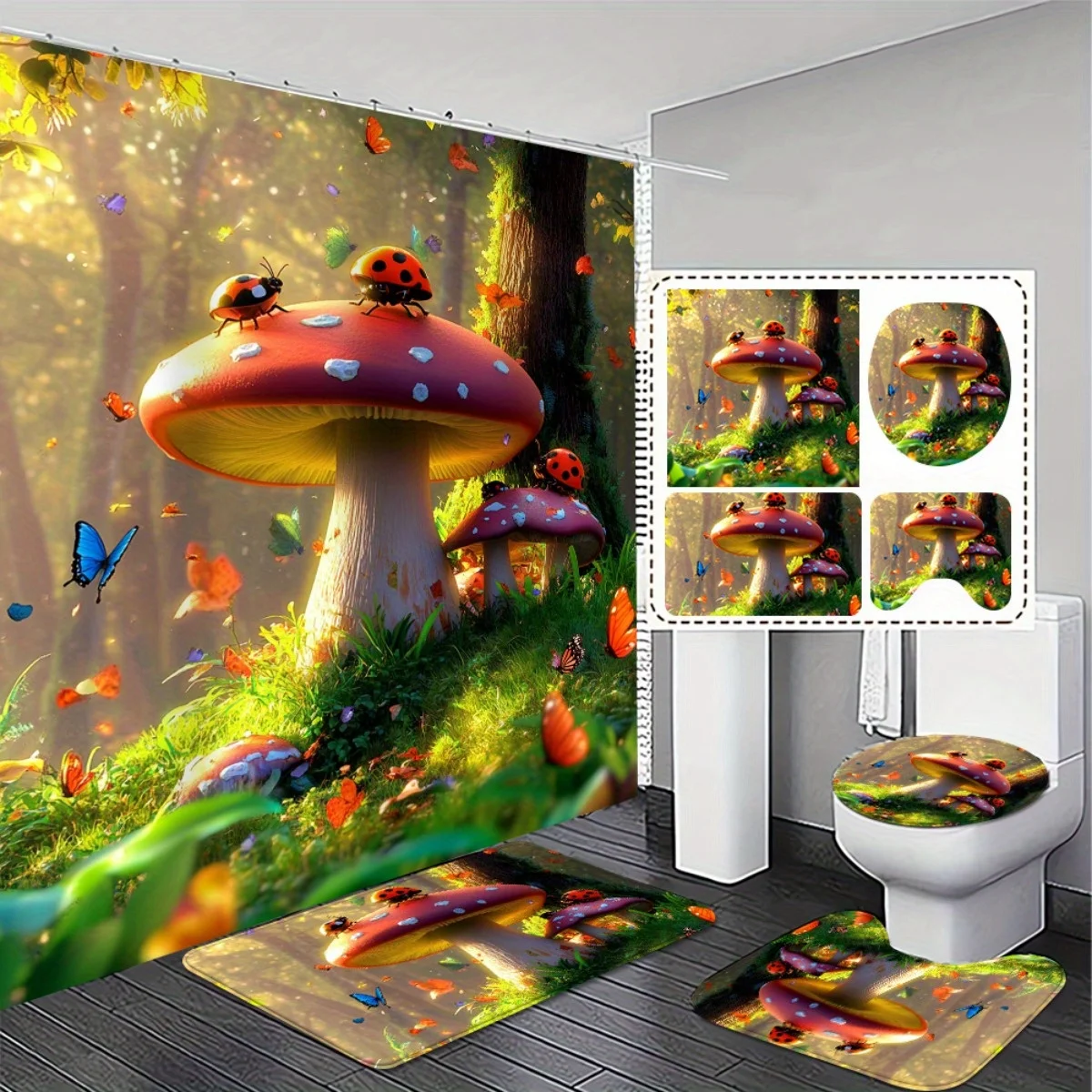 

4 шт. свежие и удобные художественные лесные грибы, высококачественная занавеска для душа и набор нескользящих ковриков для ванной - доступный дом