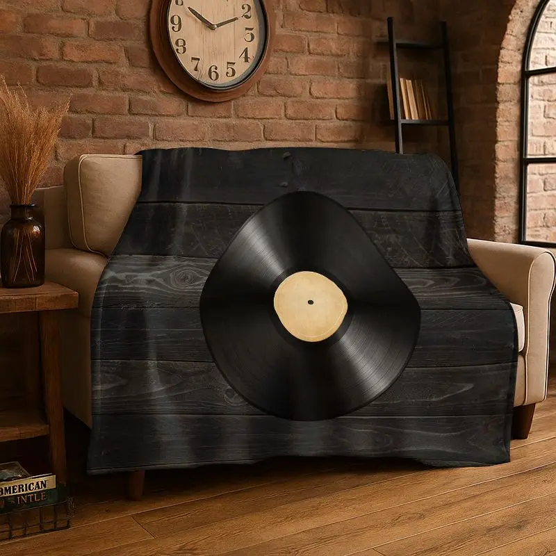 Retro DJ Vinyl Record Music Flannel Blanket Soft Warm Throw Blanket for Bedroom Living Room Bed Travel Camping Picnic Cover Gift
