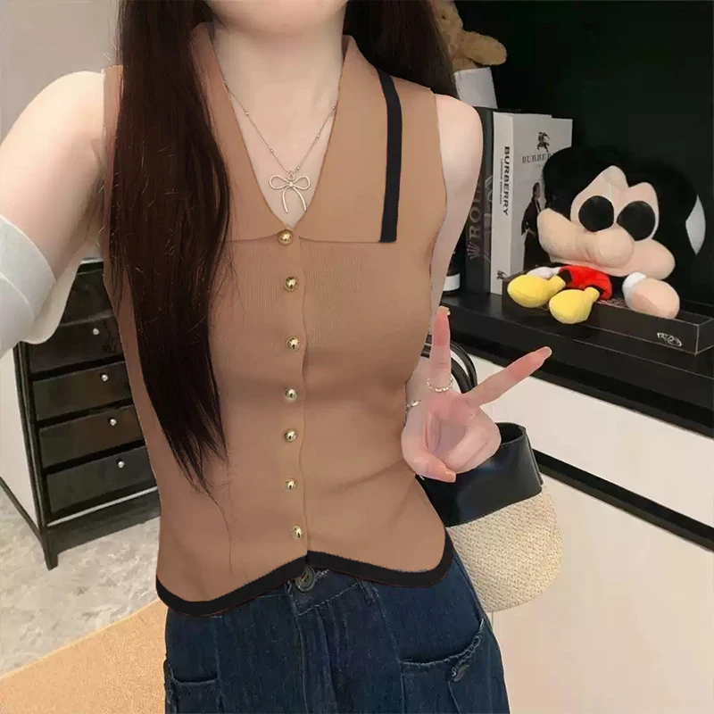 

Тонкий вязаный жилет без рукавов с контрастными лацканами во французском темпераменте для женщин