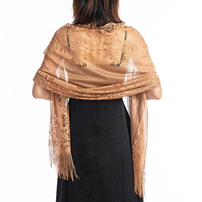 Vrouwen Solid Feestavond Kanten Sjaal Sjaal Hollow Gehaakte Bloem Kwastje Sjaals Wraps Elegante Omzoomd Mesh Garen Bruiloft Cape