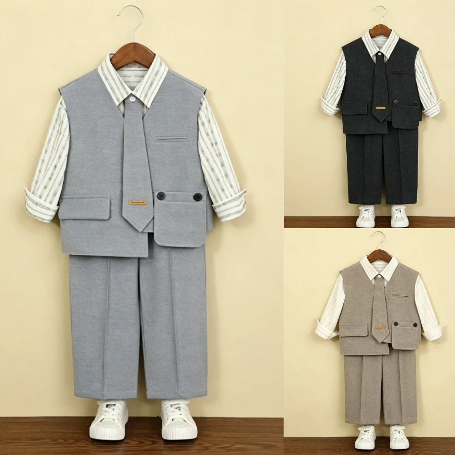 Simple Boys Waistcoat Suit Set Shirt Tie Straight Trousers for Kids Daily Wear School Activity Birthday Formal Gentleman Clothes