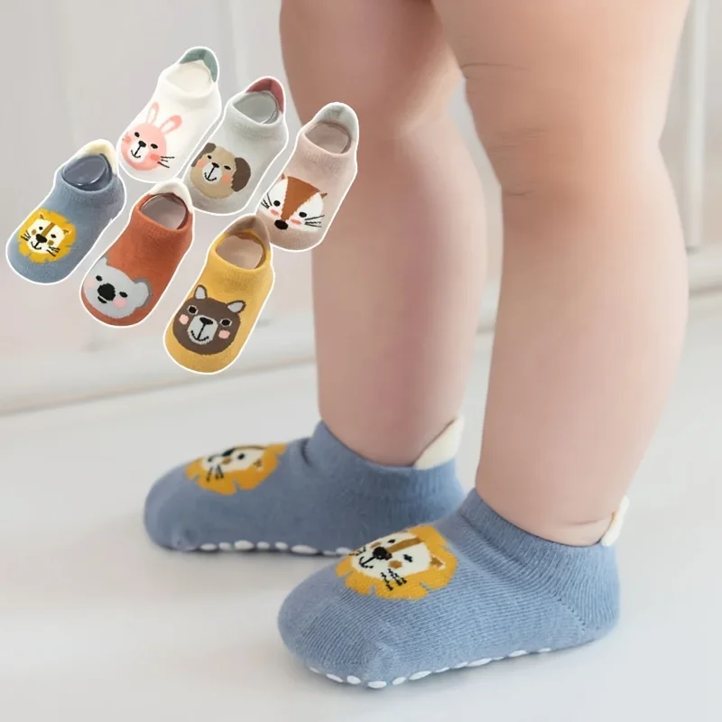 6 pairs of boys and girls' anti slip socks with cute cartoon animal patterns, comfortable and breathable baby floor socks