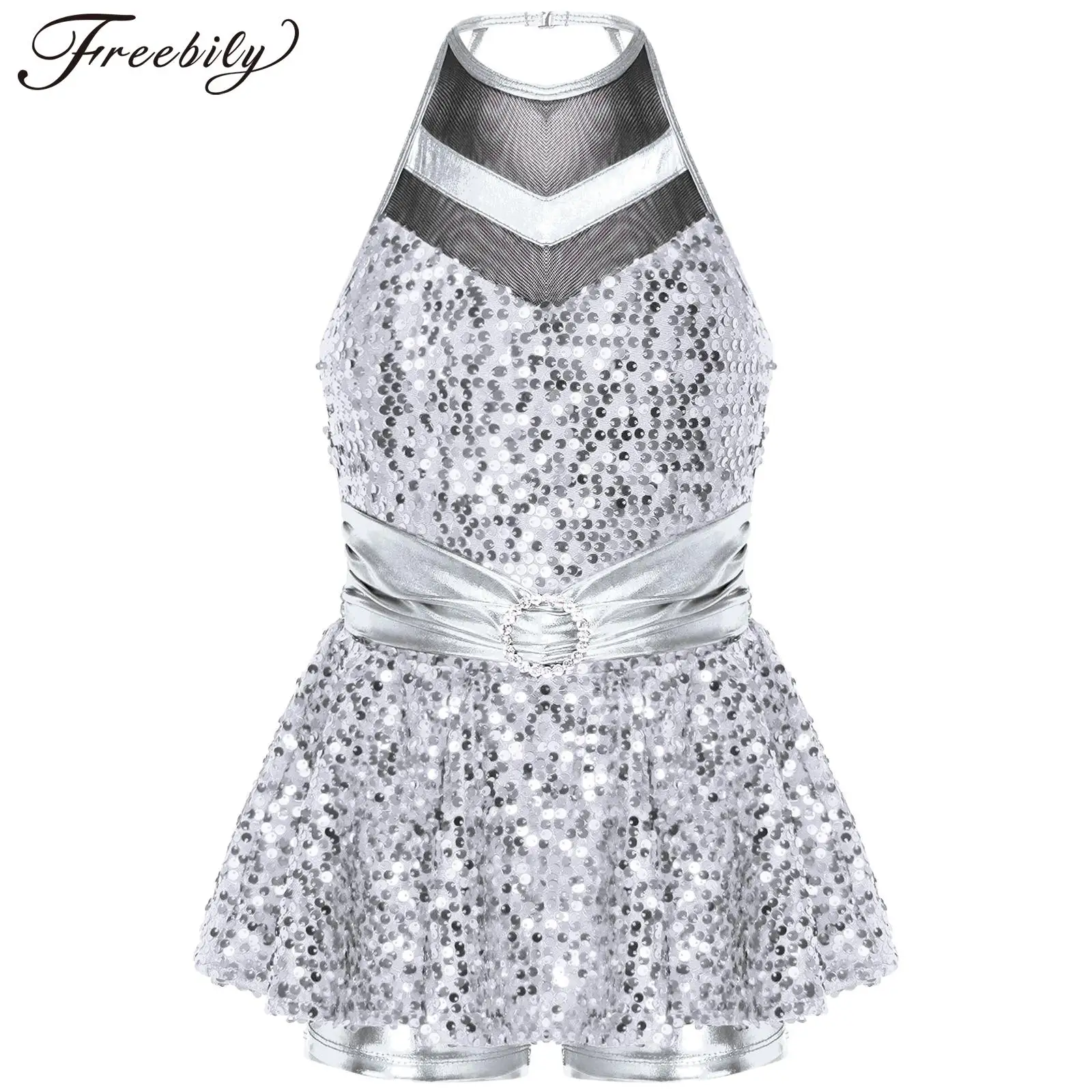 Kids Girls Shiny Sequin Tap Jazz Dance Leotard Dress Sleeveless Backless Halter Shorty Boxer Unitard Ballet Tutu Stage Dancewear