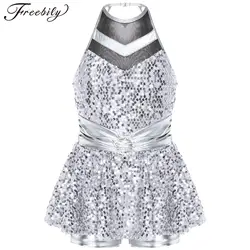 Kids Girls Shiny paillettes Tap Jazz Dance body Dress senza maniche Backless Halter Shorty Boxer Unitard Ballet Tutu Stage Dancewear