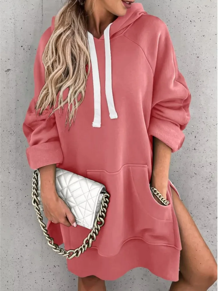 Fashion Solid Hooded Long Tops For Women Casual Loose Long Sleeve Hoodie Top With Pocket Female Autumn Winter Warm Ladies Tops
