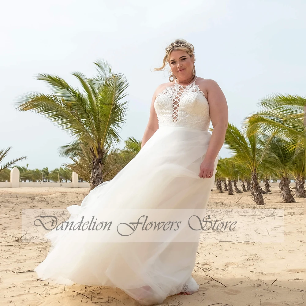 Vestidos De novia sexys con cuello Haler De talla grande 2023, vestidos De novia con cordones De tul sin mangas, Vestido De cola De barrido De novia