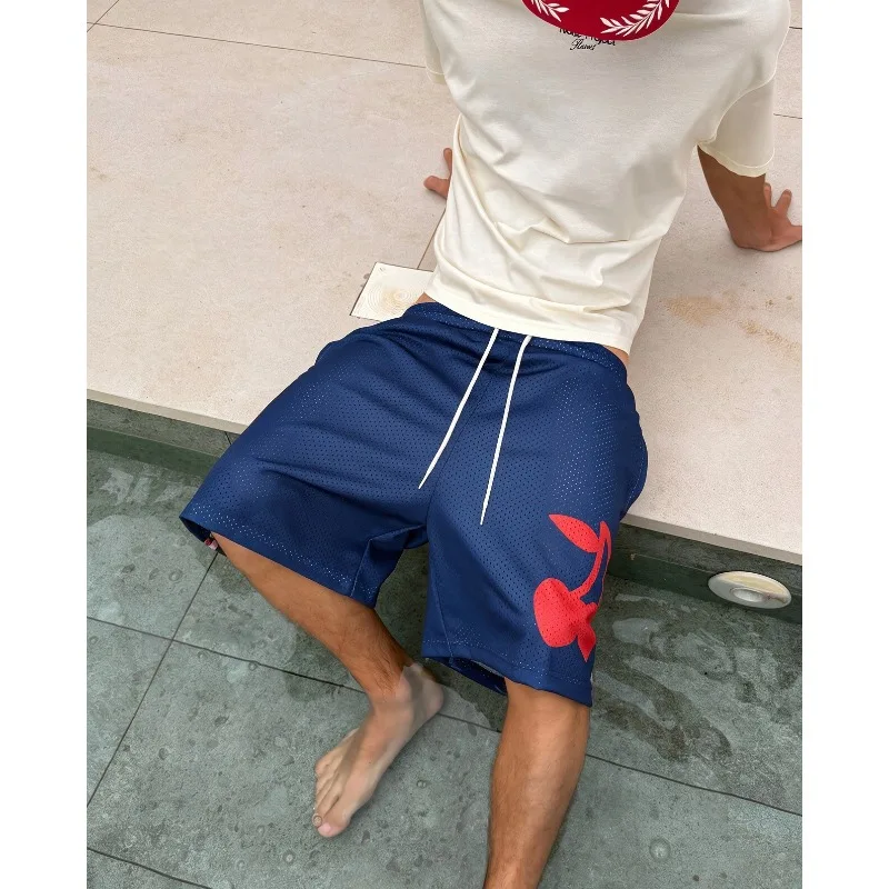Men Navy Red Cherry Logo Mesh Basketball Shorts, Y2K Streetwear Nude Project Loose Bottoms, Breathable Quick Dry Mesh Shorts