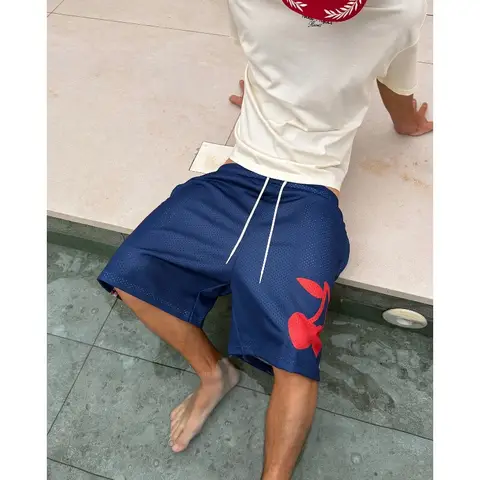 Men Navy Red Cherry Logo Mesh Basketball Shorts, Y2K Streetwear Nude Project Loose Bottoms, Breathable Quick Dry Mesh Shorts