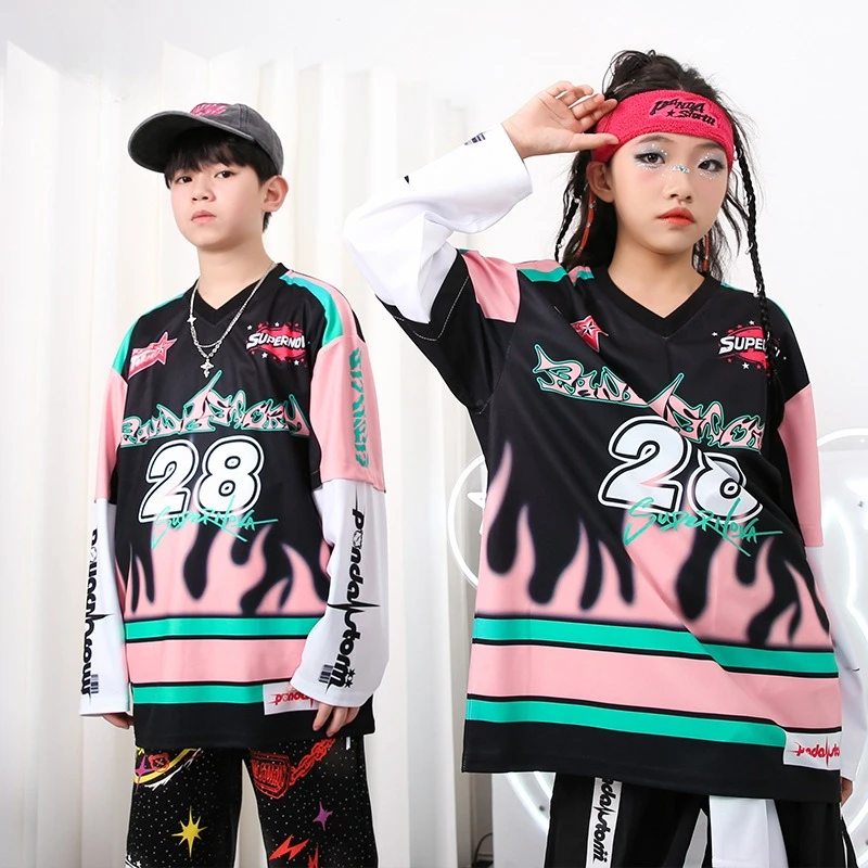 Mädchen Hip Hop Street Dance Kleidung Langarm Top Schwarze Hosen Jungen Jazz Dance Performance Kostüm Kpop Outfits Gruppe Bühne Tragen