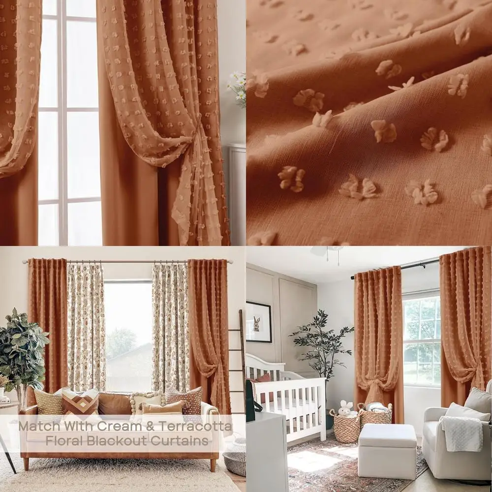 Vintage böhmische Vorhänge, 84 Länge, 2-teiliges Set mit Terrakotta- und Rostbommeln für Schlafzimmer und Wohnzimmer