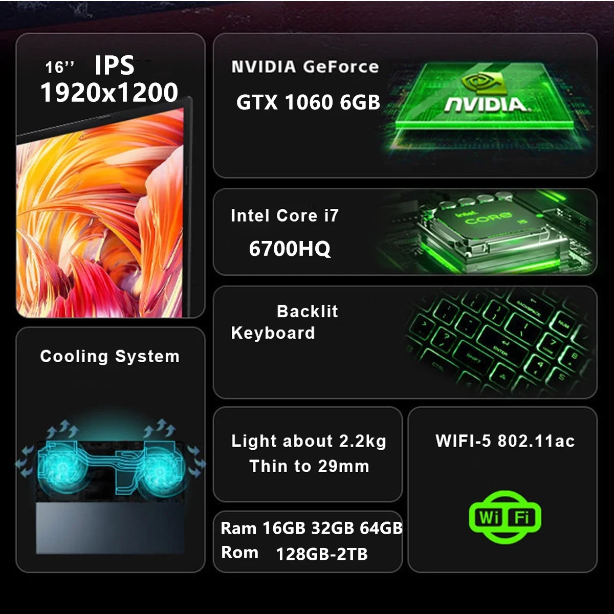 كمبيوتر محمول للألعاب مقاس 16 بوصة Intel Core i7-6700HQ GTX 1060 IPS 1920*1200 كمبيوتر محمول ألعاب 16 جيجابايت DDR4 1 تيرا بايت SSD ويندوز 11 برو كمبيوتر محمول