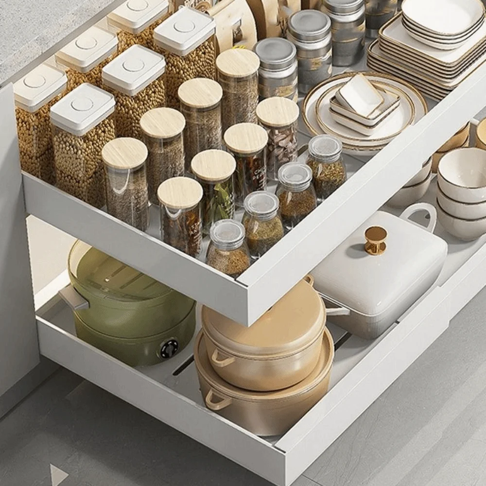 سلة خزانة متعددة الوظائف قابلة للسحب بعرض قابل للتعديل، رف سحب معدني قابل للتمديد، نوع درج غير مثقوب