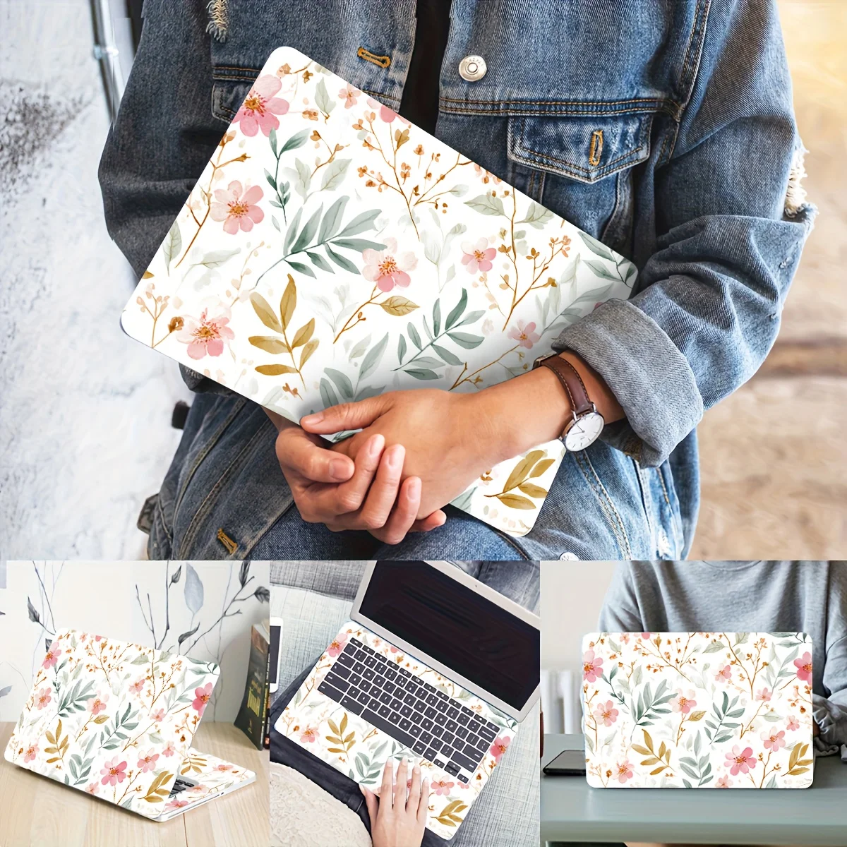 

2-Piece Laptop Floral Art Protection Set, Light Beige Stickers Non-Reusable Scratch Resistant Decals - Suitable for Laptops