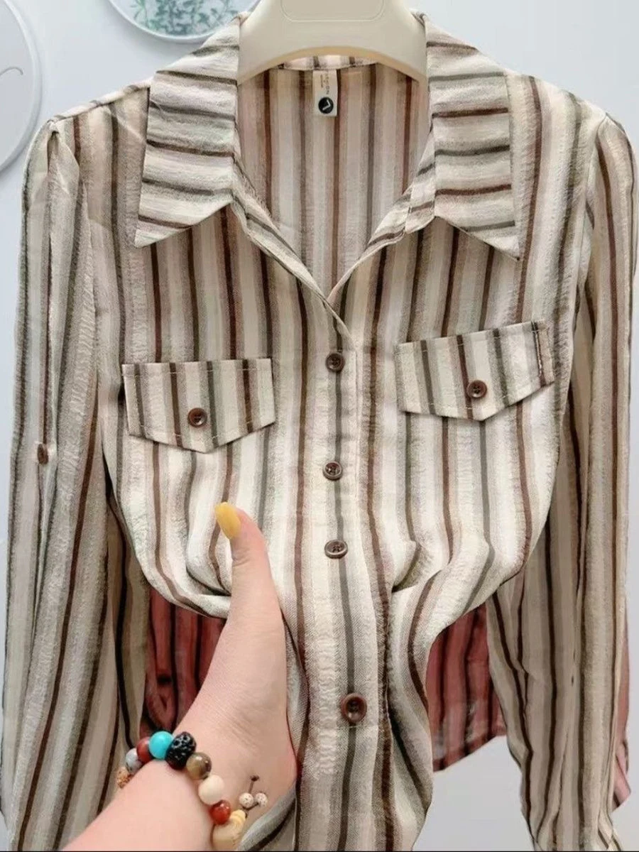 

Slimming Effect Long Sleeve Striped Loose Fashionable Collared Shirt Spring Autumn New Style Women's Business Casual Shirt