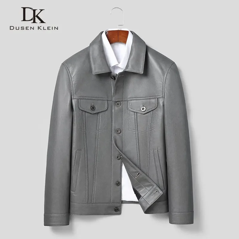 

Genuine Men Leather Real Sheepskin s Casual Grey White Pockets Autumn New Jacket for Man L207