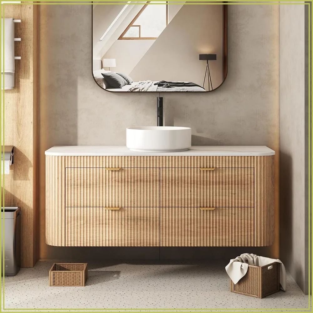 48 Inch Fluted Floating Bathroom Vanity with Sink, Natural Wood Finish
