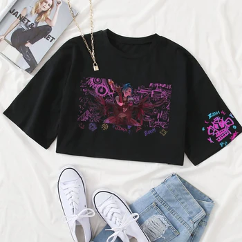 Jinx Arcane Graffiti Art Girls Camisas curtas femininas casuais com gola redonda