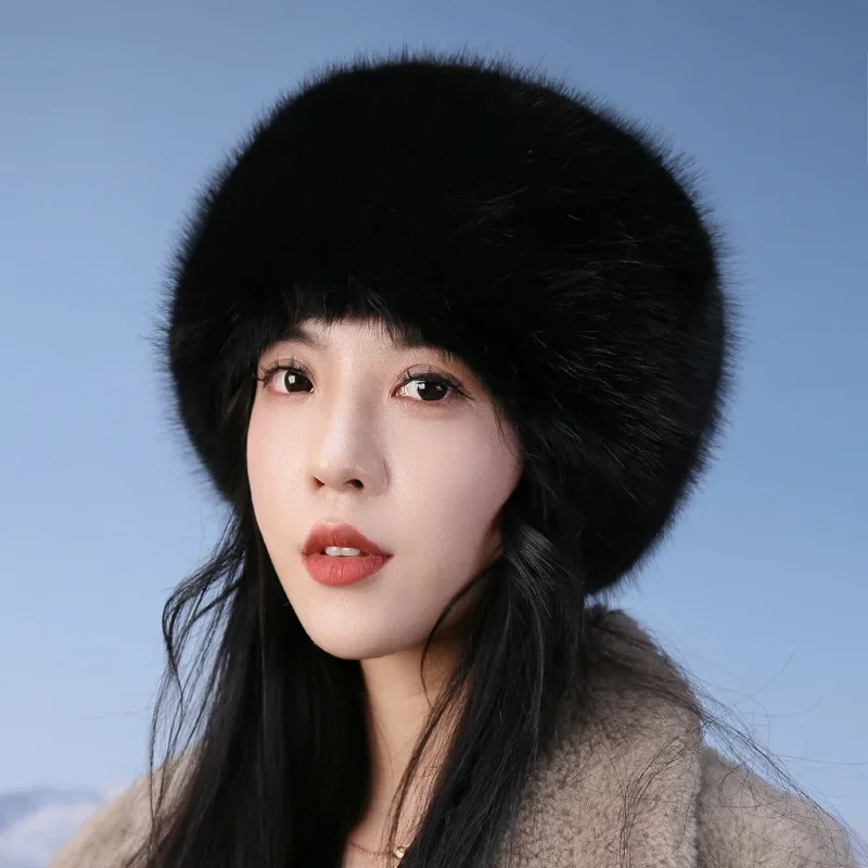 Winter Faux Fur Bucket Hat Women Elegant Russian Hat Fluffy Warm Panama Plush Cap