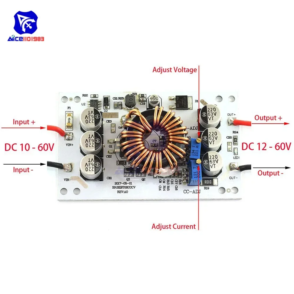 CC/CV DC-DC 10 -60V to12 -60V 10A 600W Adjustable Step-Up Boost Power Supply Module Non-isolated Transformer Voltage Regulator