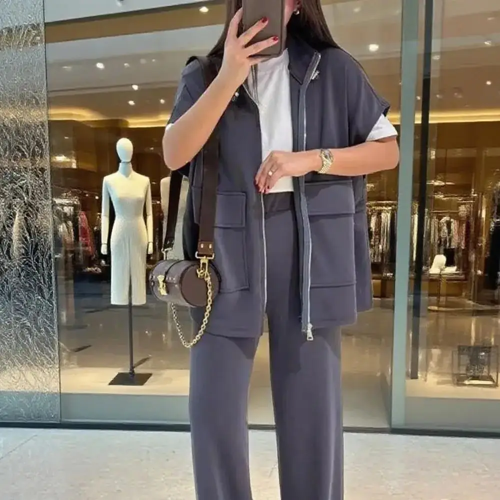 2025 Women's Two Piece Outfit Casual Full Zip-up Short Sleeve Shirt And Wide Leg Pants Set Casual Lounge Tracksuit