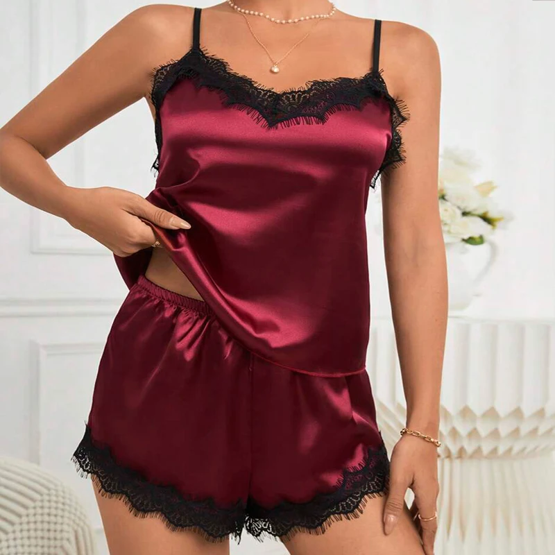 Champagnerfarbener Damen-Pyjama aus Eisseide, Schlafanzug-Set, Satin-Unterhemd, Shorts, tief ausgeschnitten, bequem, lässig, für den Sommer – Detail 9