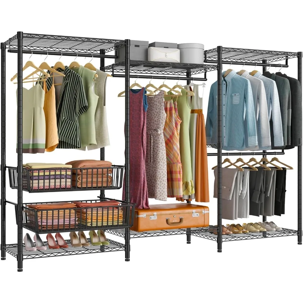 

v10 garment rack large size heavy duty clothes rack with hanging rods, adjustable shelves & 2 slid storage baskets, wire clothi