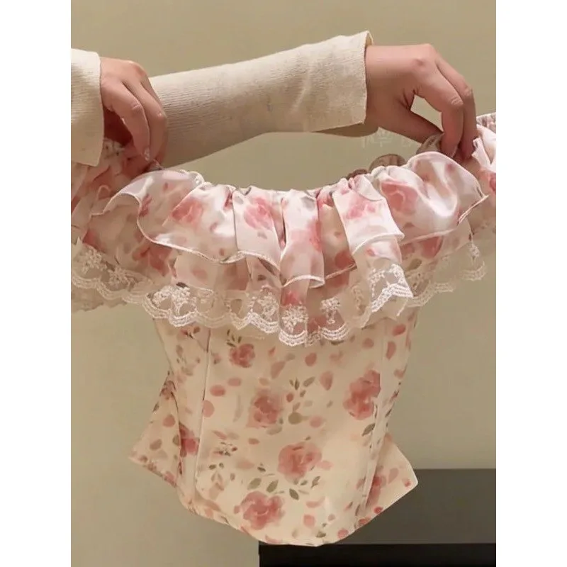 

Women French Floral Print Lace Ruffle Off Shoulder Tube Top Sweet Slim Camisole S-XXL