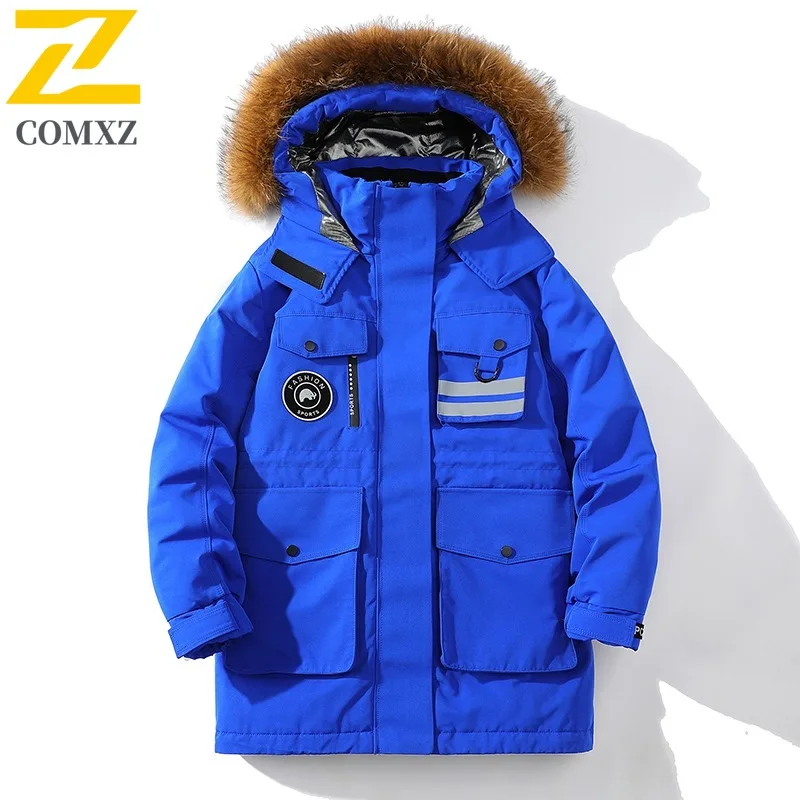 COMXZ Mens Puffer Coat Fur Collar Hooded Outdoor Camping Anti-Cold Parka Casual Street Style Windproof Warm Autumn Winter Coat