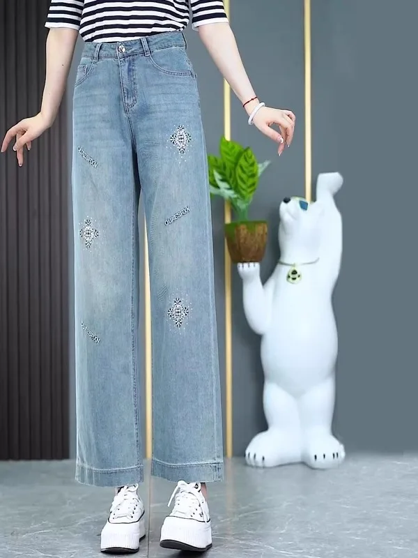 Summer New Style Soft Jeans Wide Leg Pants Women's High Waist Thin Denim Straight Cut Trousers Nine Points Casual Fashion