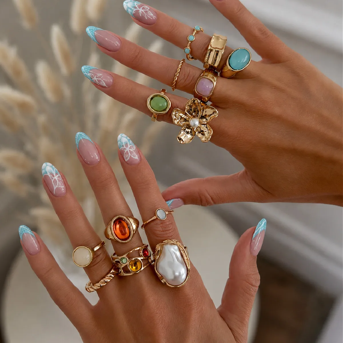 Gold Colorful Resin Gemstone Rings for Women Vintage Pearl Flower Chunky Rings Set Y2K Aesthetic Stackable Jewelry