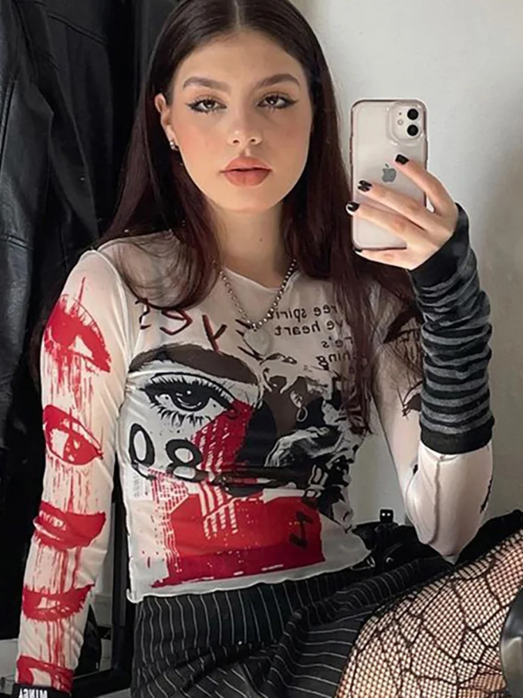 Gothic Printing Crop Top Women Summer Clothing Slim Fit Graphic T Shirts Long Sleeve Y2k Clothes See Through Mesh Ropa De Mujer