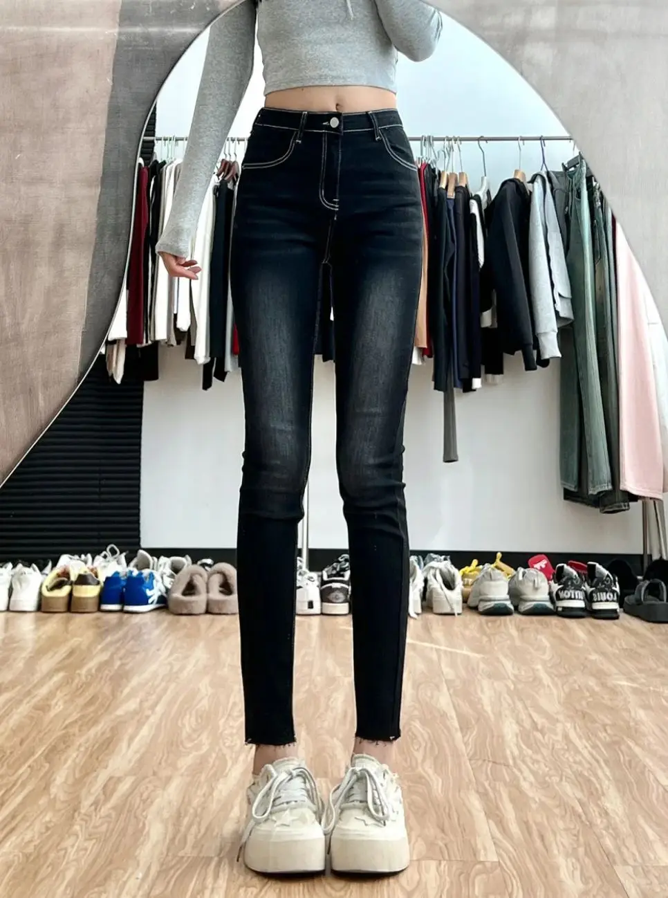 

High Waist Fce Lined Bootcut Jeans Women's Slimming Skinny Jeans High Waist Cotton Stretch Denim Bootcut Trousers