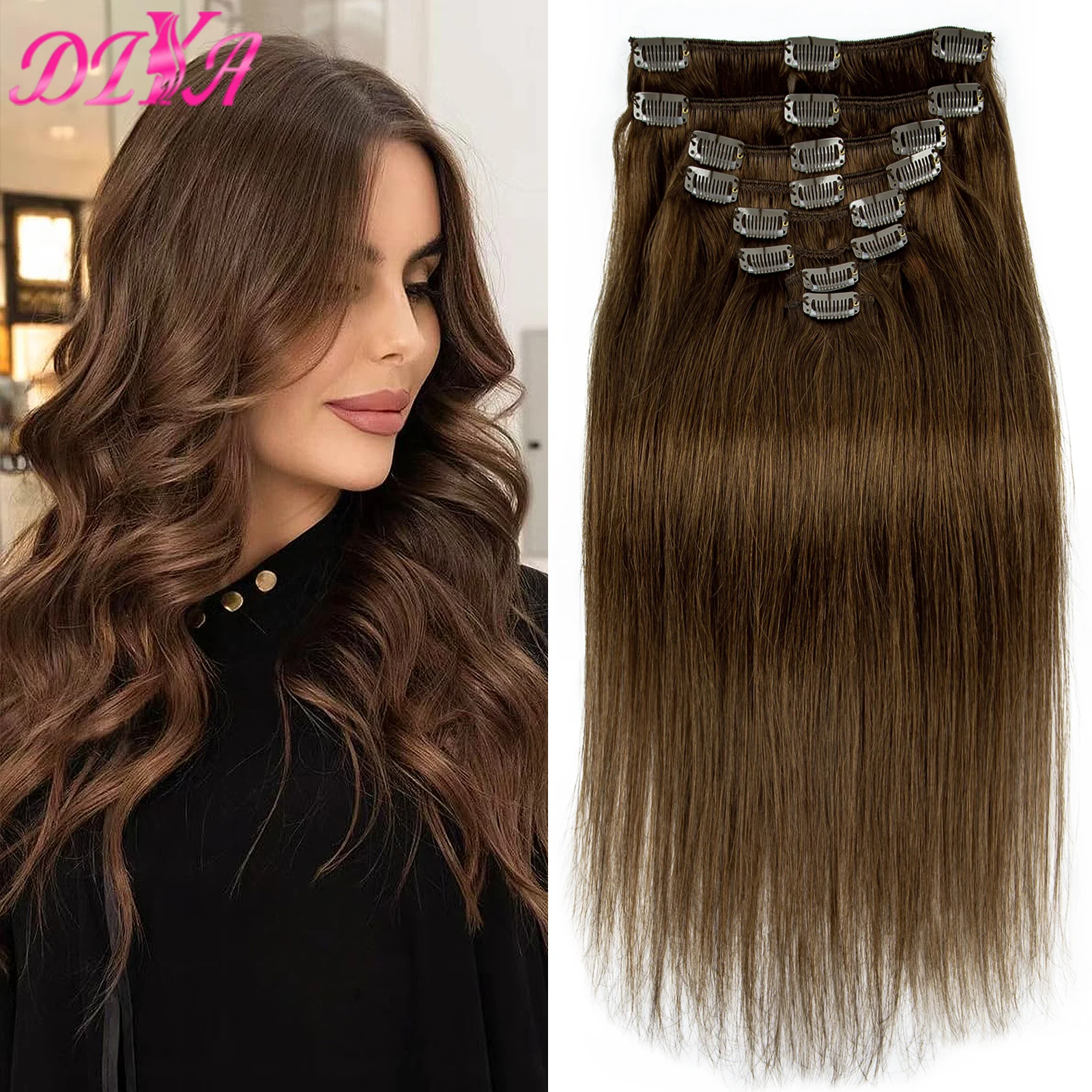 Chocoladebruine Clip In Hair Extensions Human Hair 120 G/set 8 Stuks Zijdeachtige Rechte Mensenhaarclip Vol Hoofd 18-26 Inch