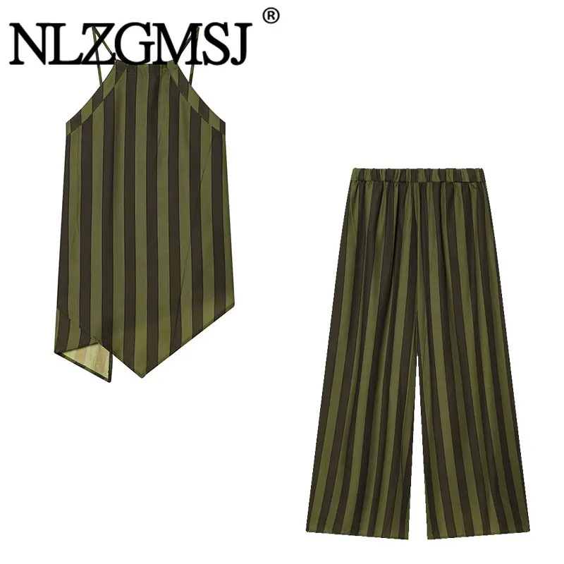 NLZGMSJ 2026 Sommer Lässige Schicke Damen Gestreifte Asymmetrische Neckholder Ärmellose Lange Weste Gerade Weite Hose Modische Urlaubssets